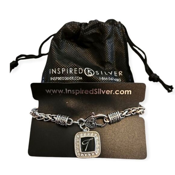NEW INSPIRED SILVER BRAND LETTER T SQUARE CHARM BRAIDED BRACELET w/POUCH - Picture 2 of 2